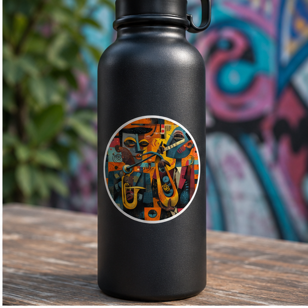 Abstract Jazz Mosaic Round Sticker — Colorful Musician Vinyl Decal (Indoor/Outdoor)
