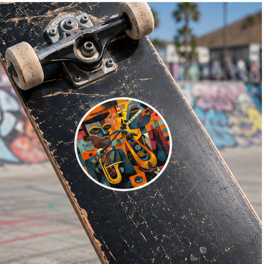 Abstract Jazz Mosaic Round Sticker — Colorful Musician Vinyl Decal (Indoor/Outdoor)