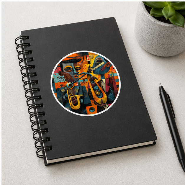 Abstract Jazz Mosaic Round Sticker — Colorful Musician Vinyl Decal (Indoor/Outdoor)
