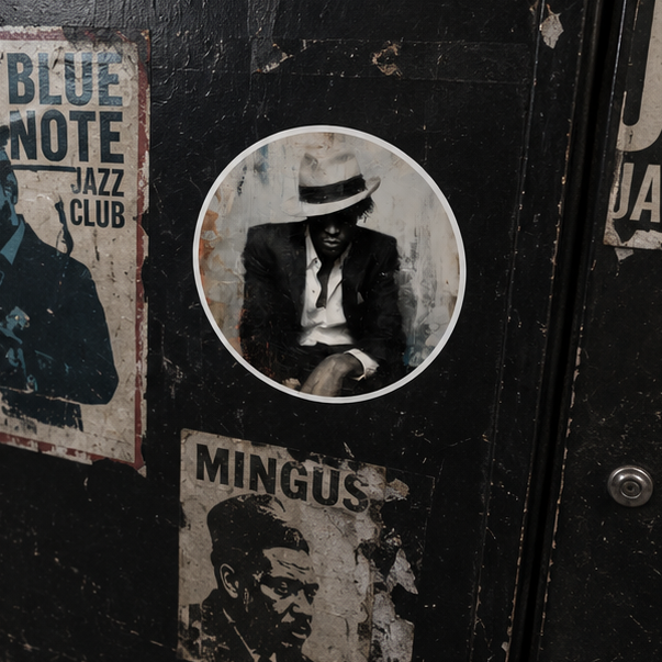 Vintage Jazzman Round Sticker Moody Black And White Musician Design Indoor Outdoor
