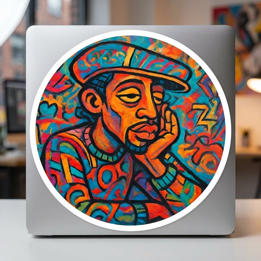 Close-up of 'Rhythm Within' sticker on a laptop lid, with detailed artwork and balanced studio lighting highlighting vivid street art style.