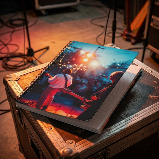concert notebook close-up showing textured cover and metallic spiral binding in backstage lighting