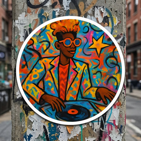 Full view of the 4x4 inch round DJ sticker on a textured urban wall, showcasing graffiti style art, high-gloss vinyl finish, in daylight.