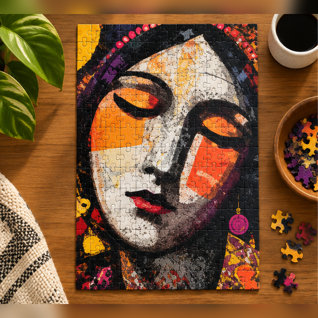 Meditative Woman Jigsaw Puzzle – Colorful Abstract Portrait Art, Boho Inspired Puzzle, Unique Gift for Art Lovers