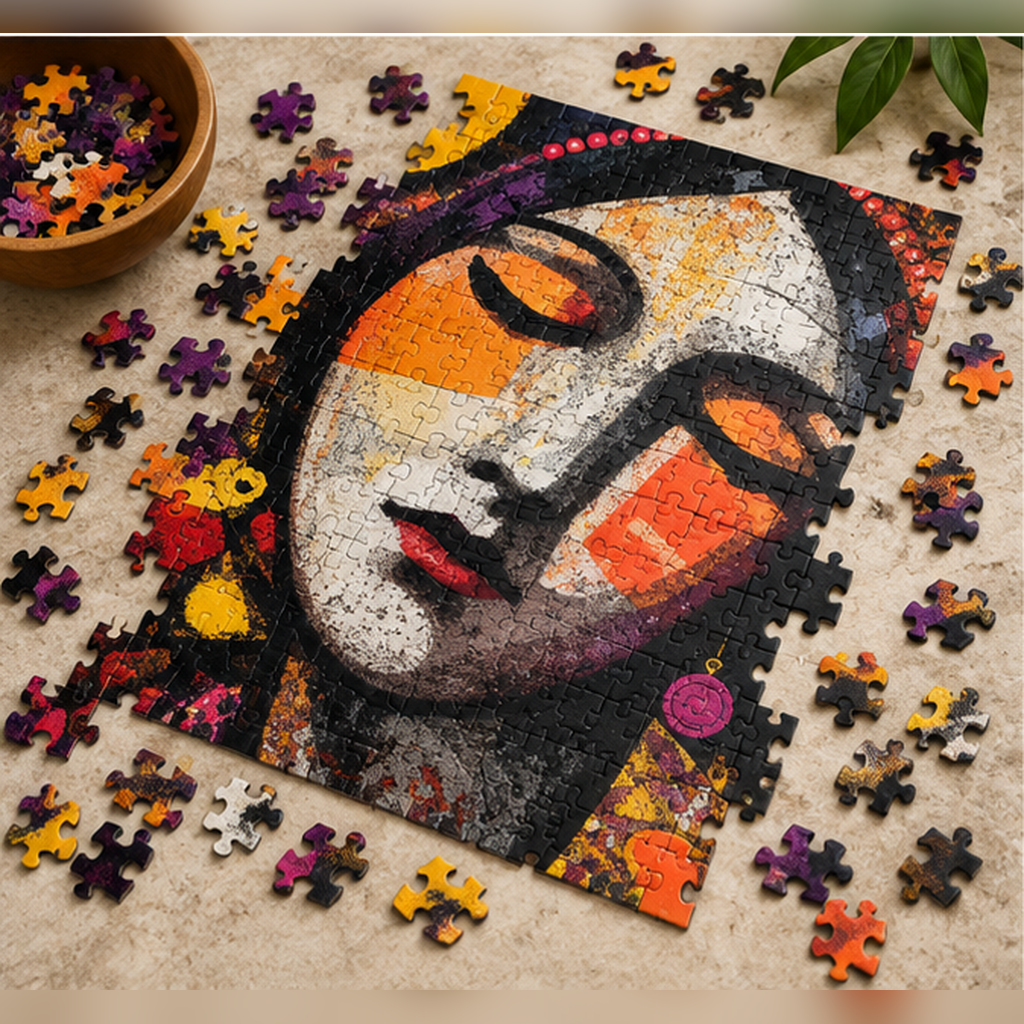 Meditative Woman Jigsaw Puzzle – Colorful Abstract Portrait Art, Boho Inspired Puzzle, Unique Gift for Art Lovers