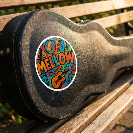Vivid round vinyl decal on guitar case in outdoor setting during golden hour, capturing street-art style and reflection details.