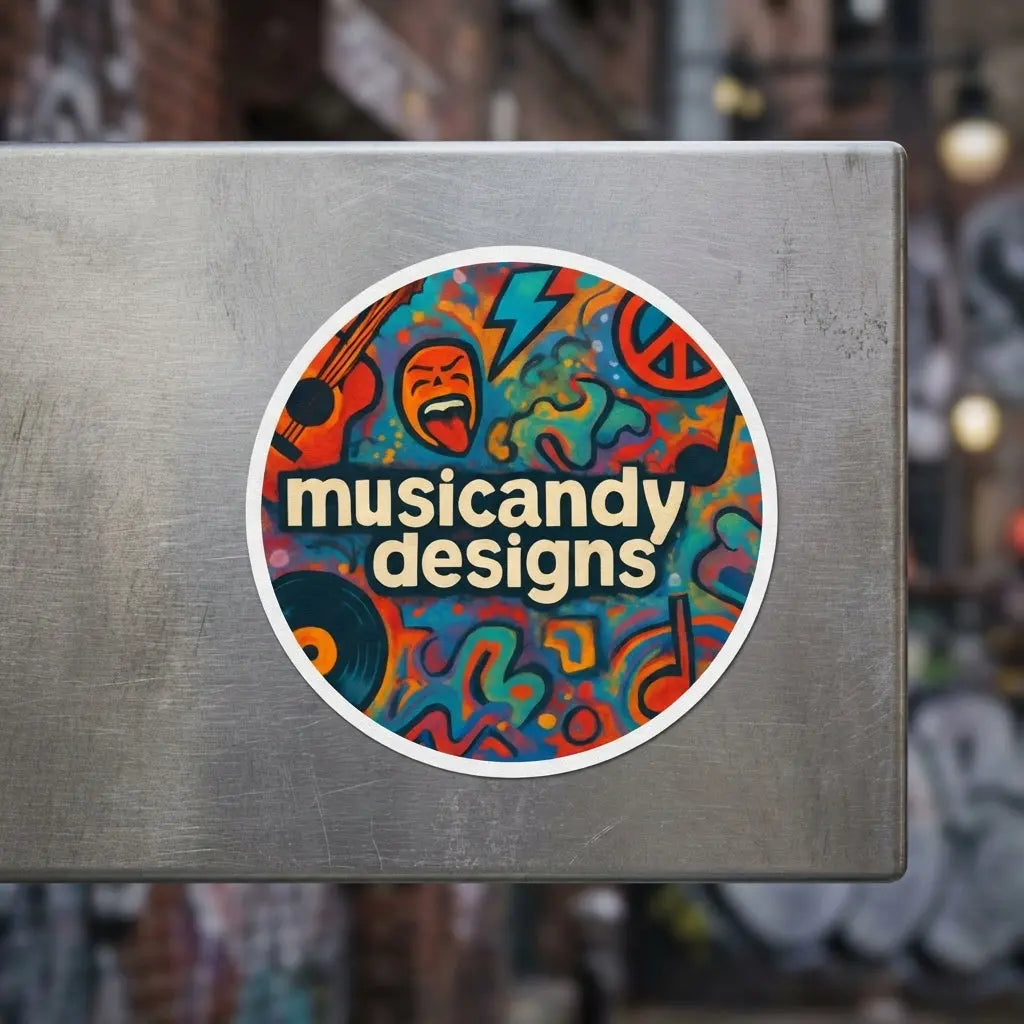 Overhead shot of 3-foot round Music Andy sticker on matte metal surface with high saturation and weather-resistant quality.