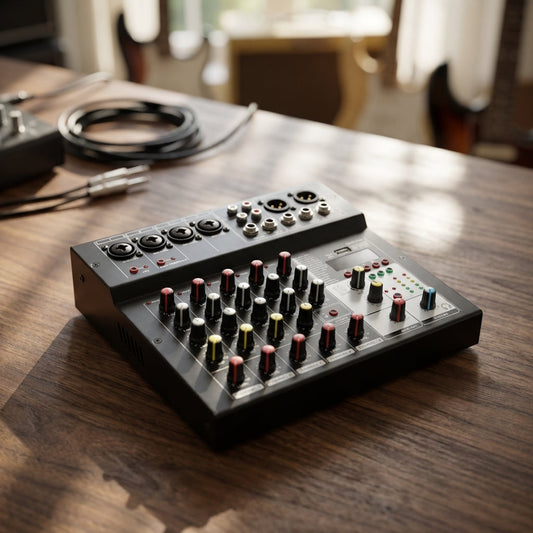 Close-up of a compact Mini 6-Channel Bluetooth Audio Mixer on a modern wooden table, showcasing textured controls and micro-controls with natural lighting.