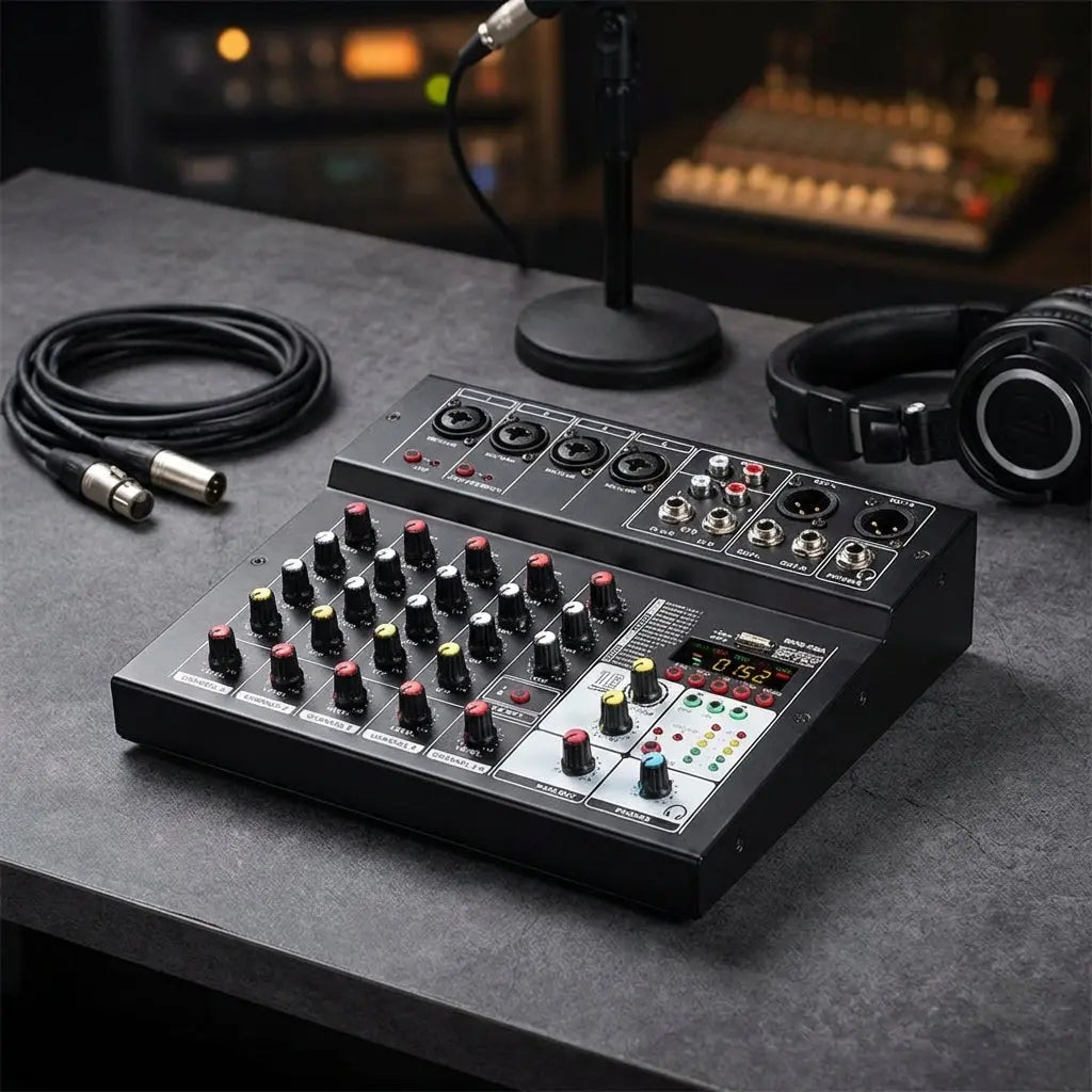 Full-body shot of a small Mini 6-Channel Bluetooth Audio Mixer on textured black surface in a professional studio, highlighting its portable and sturdy design.