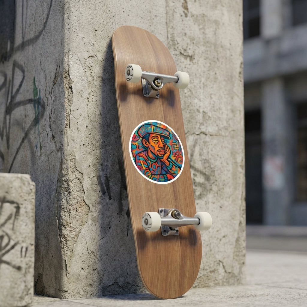 Full-body view of skateboard with 'Rhythm Within' art sticker displayed prominently against a textured urban wall, emphasizing design and size.