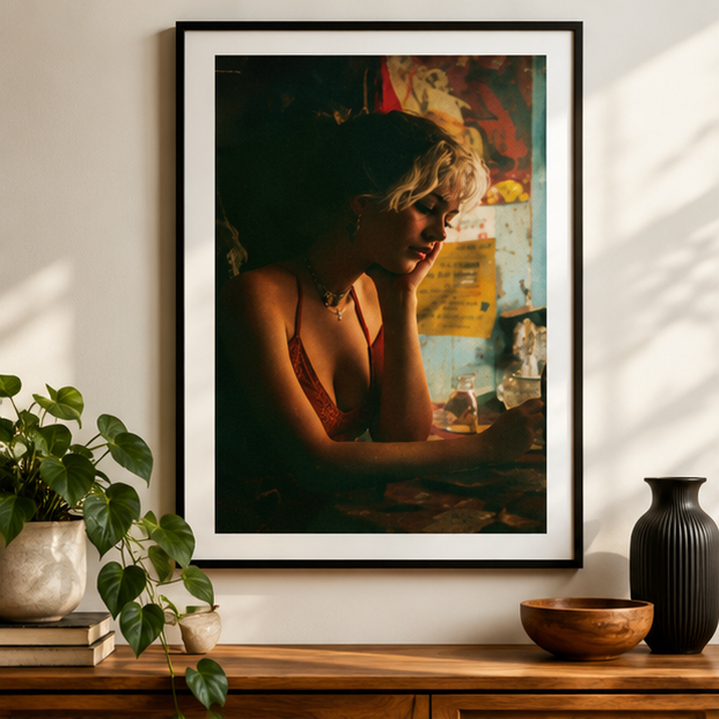Moody Vintage Portrait Poster – 1970s Retro Woman Wall Art, Cinematic Photography Print, Nostalgic Boho Decor, Matte Vertical Poster