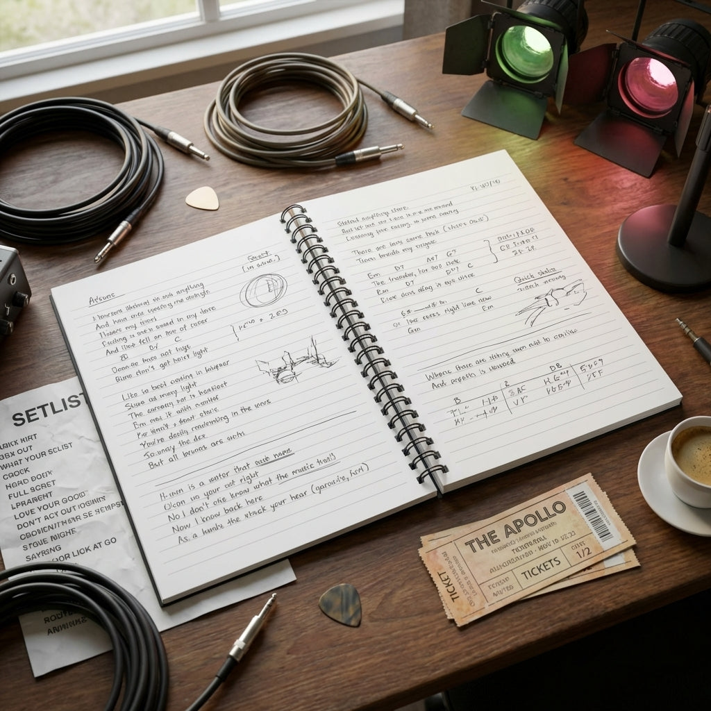 Open spiral notebook on a cluttered music studio desk filled with handwritten lyrics and sketches, surrounded by musical gear and tickets.