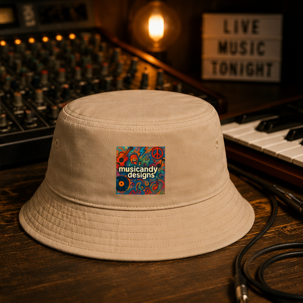 Retro Peace and Vinyl Cotton Bucket Hat in Rust with Musicandy Designs Logo for Sunny Days