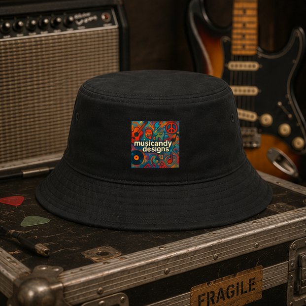 Retro Peace and Vinyl Cotton Bucket Hat in Rust with Musicandy Designs Logo for Sunny Days