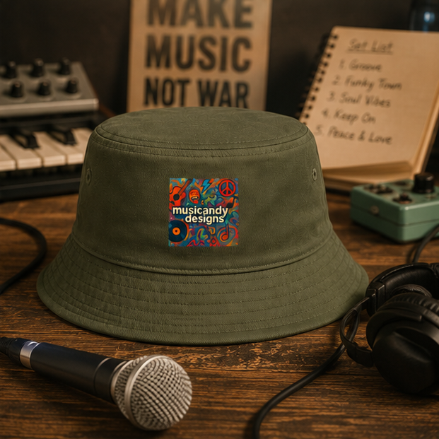 Retro Peace and Vinyl Cotton Bucket Hat in Rust with Musicandy Designs Logo for Sunny Days