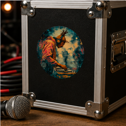 DJ Vibrance Round Sticker Colorful Turntable Music Art Indoor Outdoor Vinyl Decal for Laptops and Water Bottles
