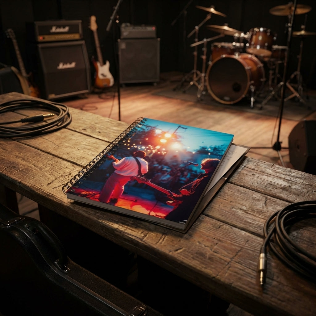 concert notebook placed on wooden rehearsal bench in dim music studio showing durable cover and design detail