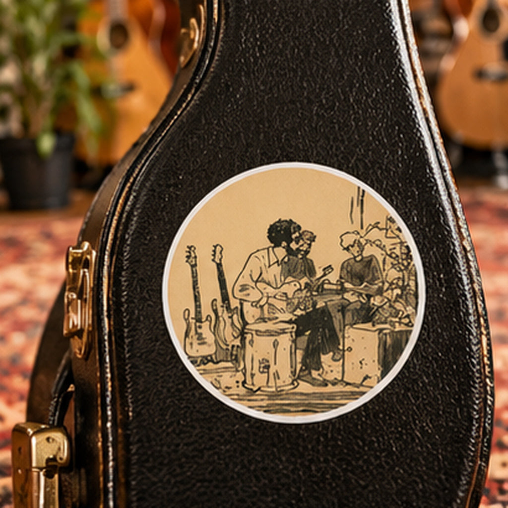 Vintage Musician Band Sticker, Retro Music Round Sticker, Guitar Player Art, Indie Band Decal, Music Lover Gift, Vintage Music Art