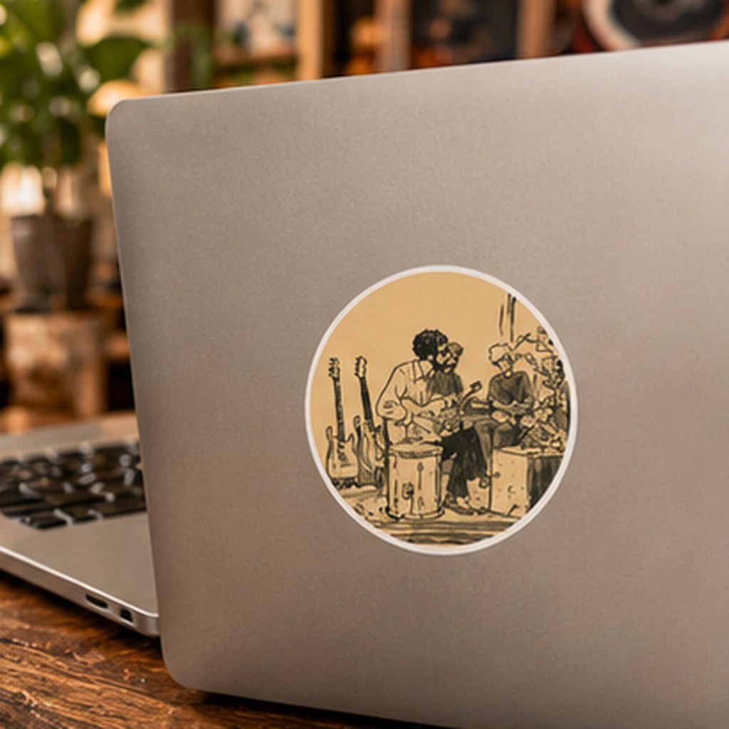 Vintage Musician Band Sticker, Retro Music Round Sticker, Guitar Player Art, Indie Band Decal, Music Lover Gift, Vintage Music Art