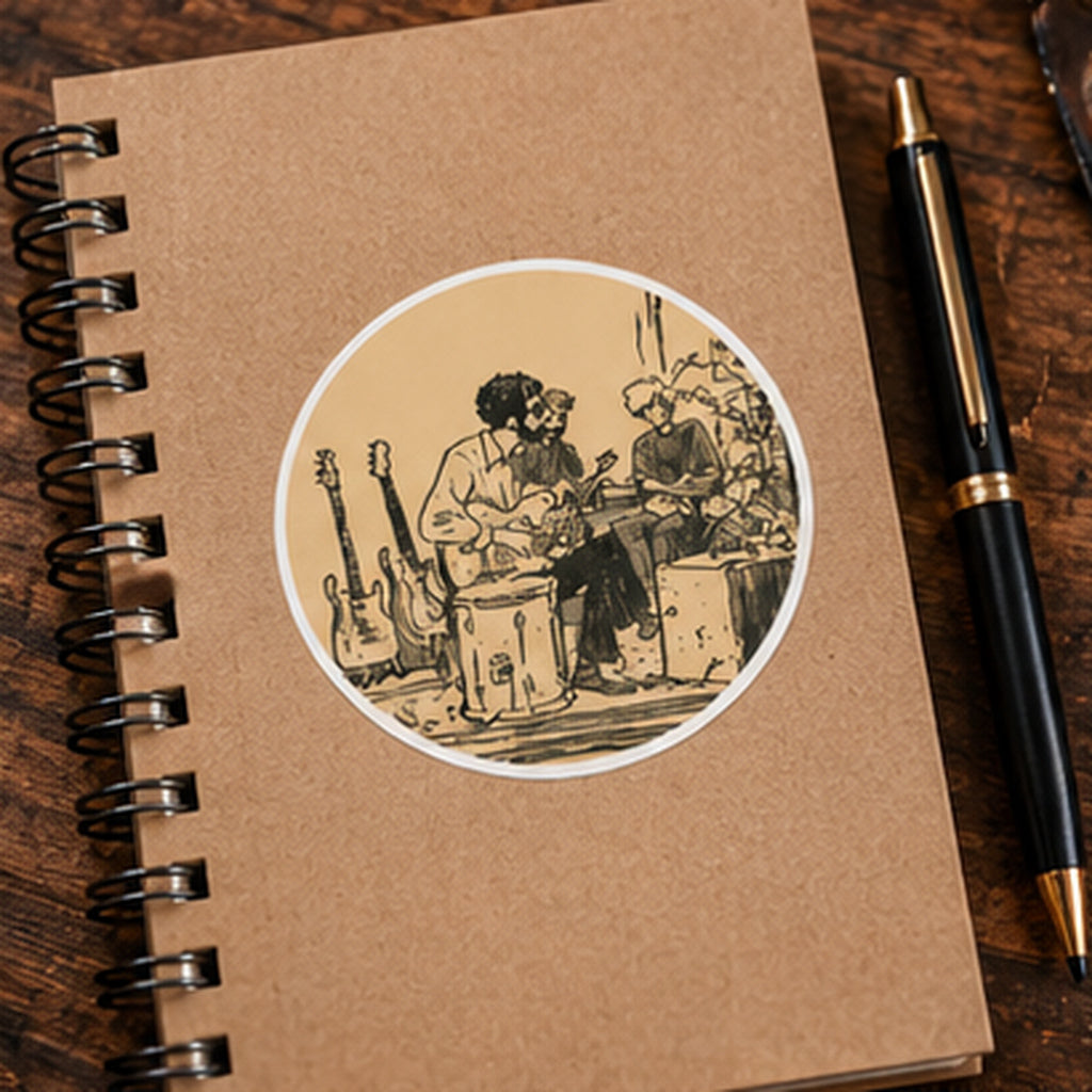 Vintage Musician Band Sticker, Retro Music Round Sticker, Guitar Player Art, Indie Band Decal, Music Lover Gift, Vintage Music Art