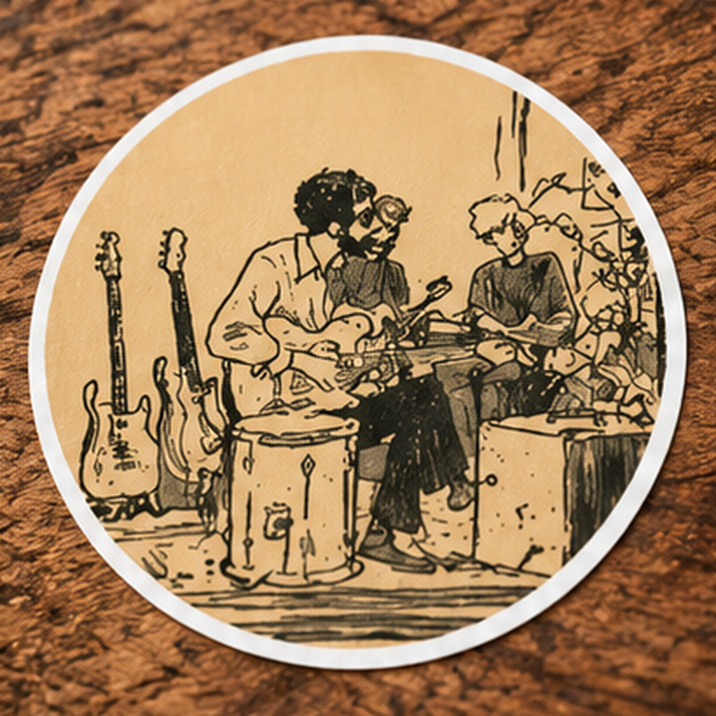 Vintage Musician Band Sticker, Retro Music Round Sticker, Guitar Player Art, Indie Band Decal, Music Lover Gift, Vintage Music Art