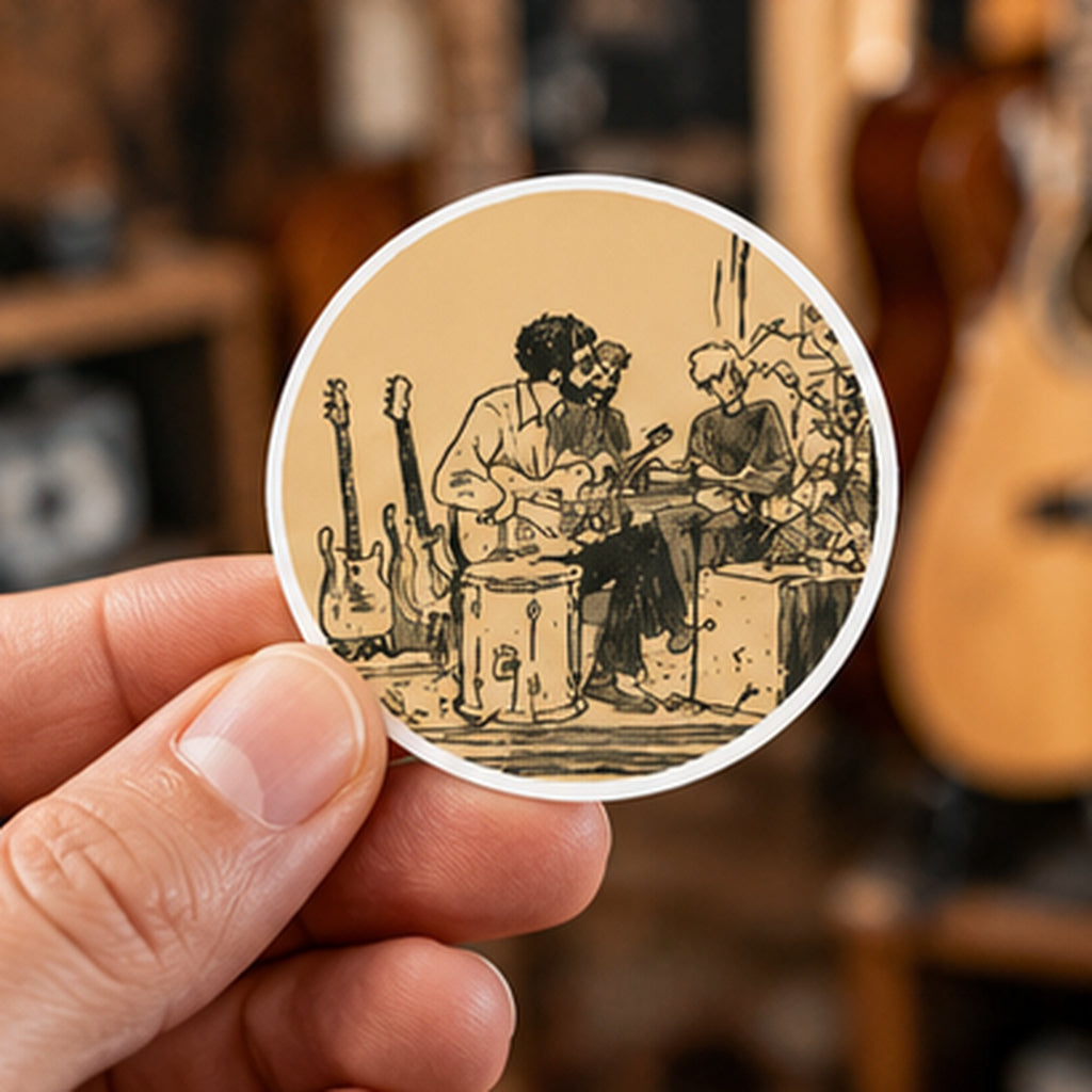 Vintage Musician Band Sticker, Retro Music Round Sticker, Guitar Player Art, Indie Band Decal, Music Lover Gift, Vintage Music Art