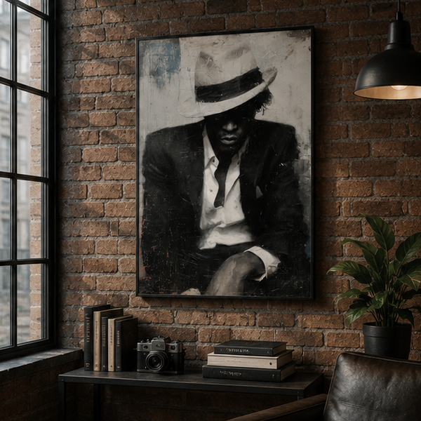 Vintage Noir Portrait Poster Matte Vertical Wall Art Moody Fedora Portrait In Deep Blacks And Sepia Tones