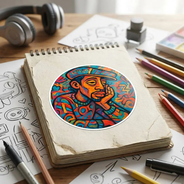 Landscape view of 'Rhythm Within' sticker on a notebook cover, showcasing vibrant colors and artistic urban design in a creative space.