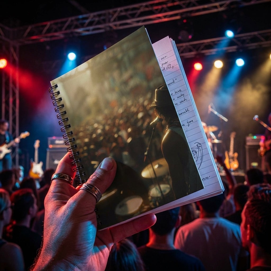 Musician or photographer holds the spiral notebook during a live concert with blurred crowd and stage lighting, capturing dynamic atmosphere.
