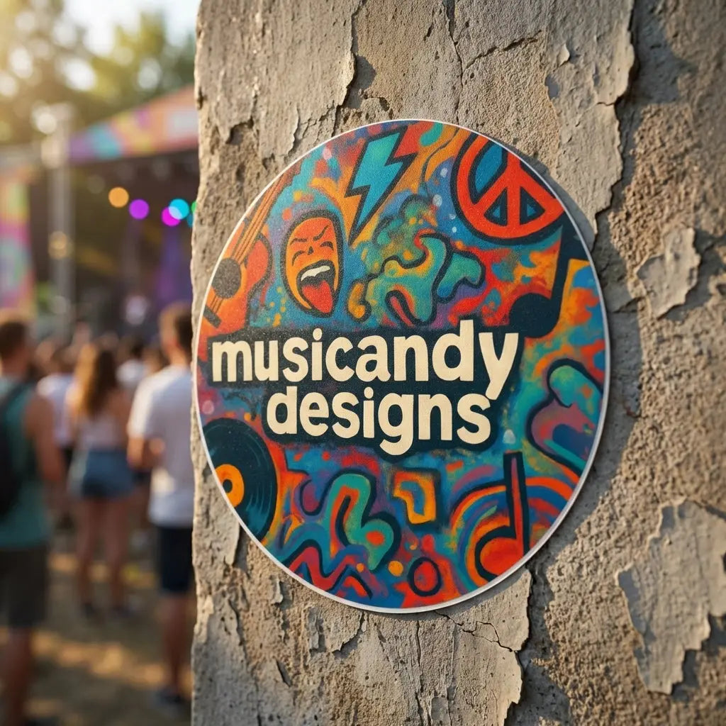 Close-up of durable vinyl Music Andy sticker on concrete wall at outdoor festival with vivid psychedelic design.