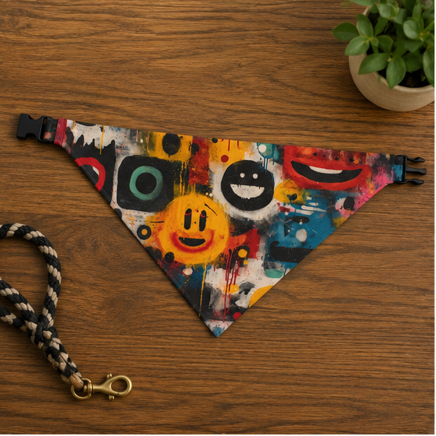 Smiley Graffiti Pet Bandana Colorful Street Art Fashion For Dogs And Cats Triangular Neck Accessory