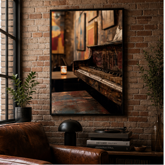Vintage Upright Piano Matte Poster Vertical For Rustic Music Room Wall Art In Dim Corner With Candlelight