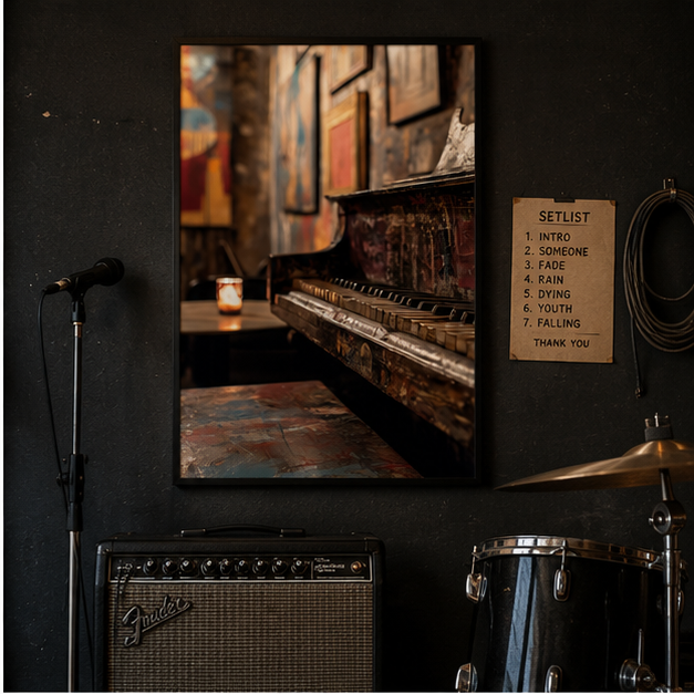 Vintage Upright Piano Matte Poster Vertical For Rustic Music Room Wall Art In Dim Corner With Candlelight