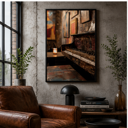 Vintage Upright Piano Matte Poster Vertical For Rustic Music Room Wall Art In Dim Corner With Candlelight