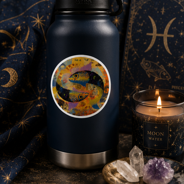 Pisces Fish Round Sticker Colorful Abstract Zodiac Vinyl Decal For Laptops Water Bottles Sketchbooks