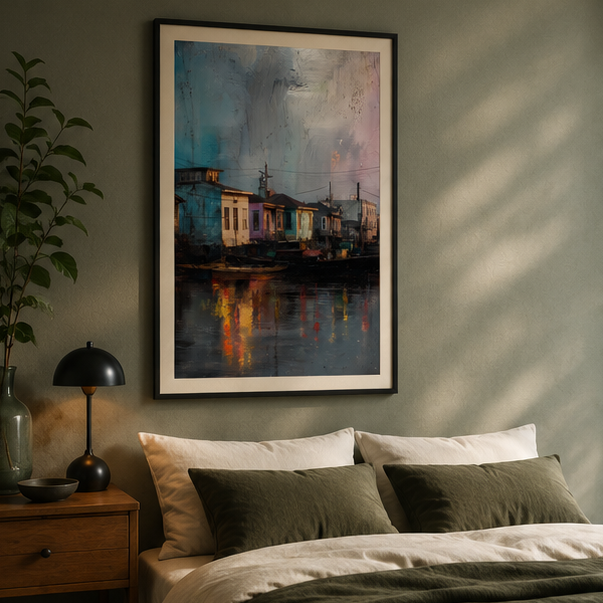 Matte Vertical Poster Moody Riverside Houses Coastal City Landscape Waterfront Art Print At Dusk