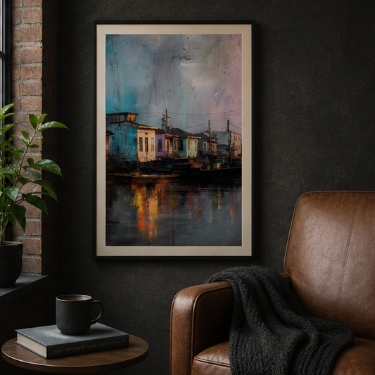 Matte Vertical Poster Moody Riverside Houses Coastal City Landscape Waterfront Art Print At Dusk