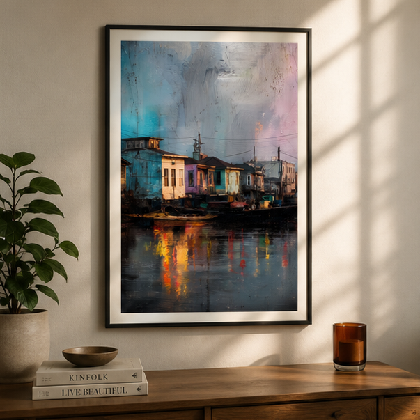 Matte Vertical Poster Moody Riverside Houses Coastal City Landscape Waterfront Art Print At Dusk