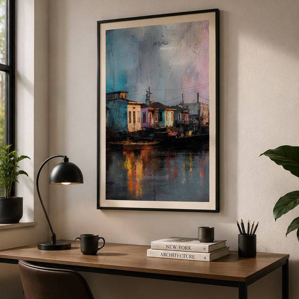 Matte Vertical Poster Moody Riverside Houses Coastal City Landscape Waterfront Art Print At Dusk