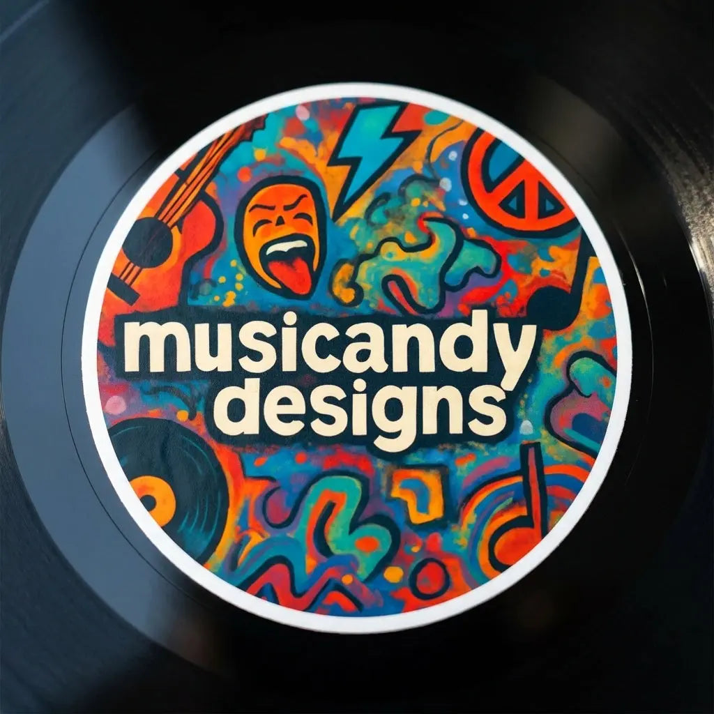 Close-up of vibrant psychedelic Music Andy sticker with face, guitar, vinyl record, and peace sign on reflective black surface.