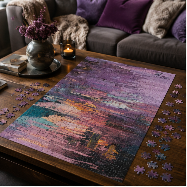 Abstract Purple Sunset Jigsaw Puzzle Impressionist Coastal Reflection Artwork For Quiet Evenings