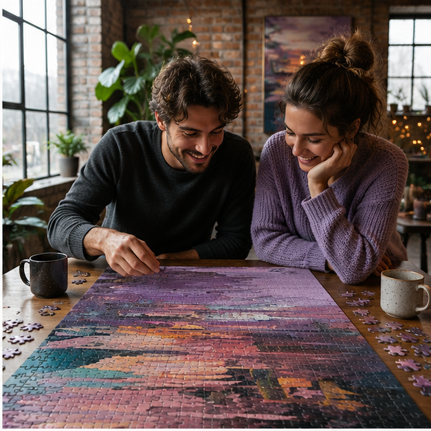 Abstract Purple Sunset Jigsaw Puzzle Impressionist Coastal Reflection Artwork For Quiet Evenings