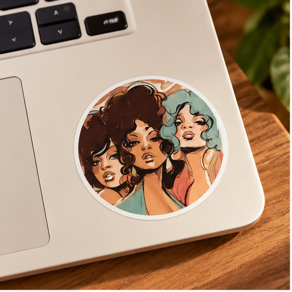 Retro Glamour Women Sticker – Vintage 70s Fashion Art, Colorful Pop Art Portrait, Feminine Round Sticker, Retro Laptop & Water Bottle Decal