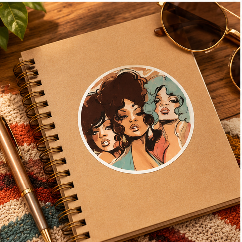 Retro Glamour Women Sticker – Vintage 70s Fashion Art, Colorful Pop Art Portrait, Feminine Round Sticker, Retro Laptop & Water Bottle Decal
