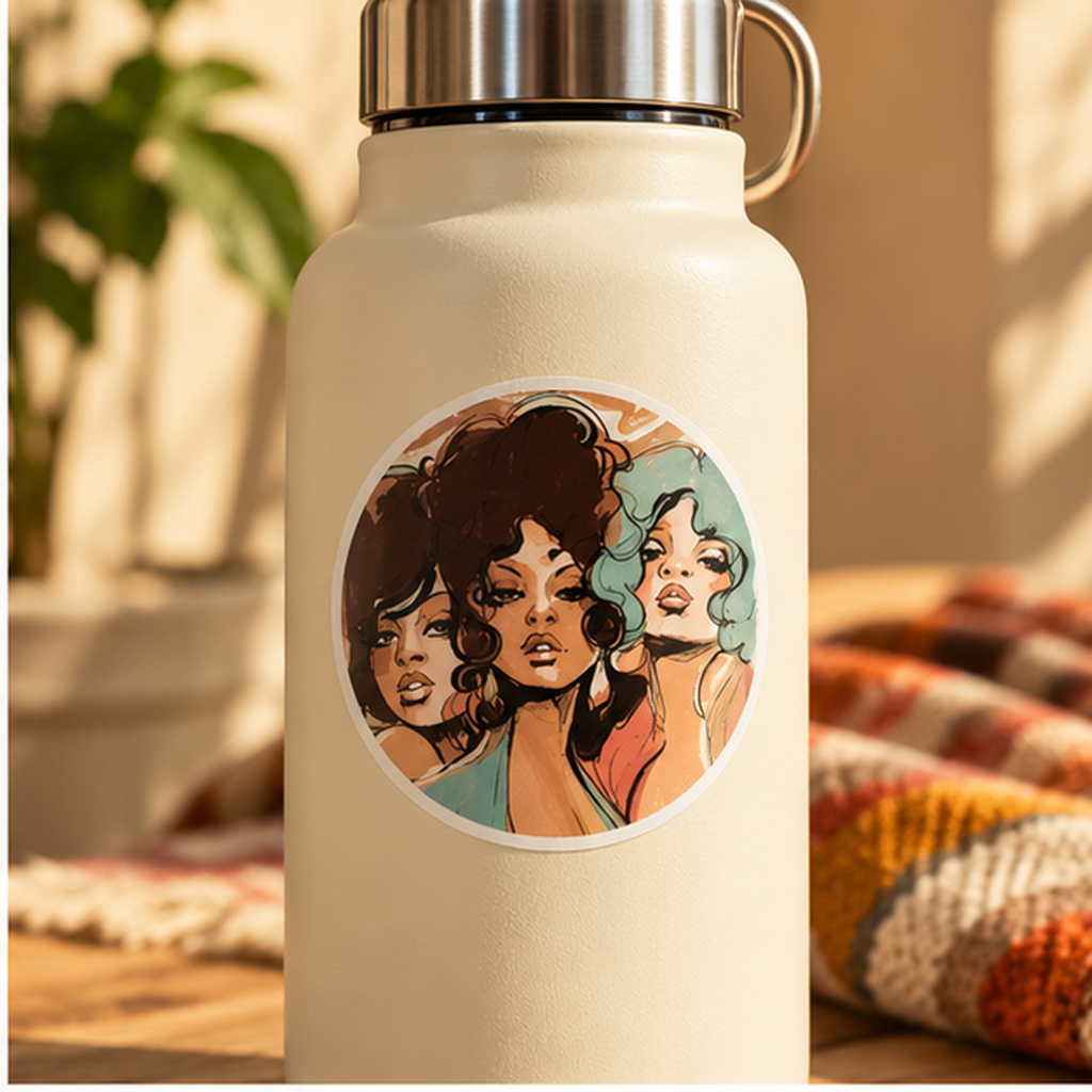 Retro Glamour Women Sticker – Vintage 70s Fashion Art, Colorful Pop Art Portrait, Feminine Round Sticker, Retro Laptop & Water Bottle Decal
