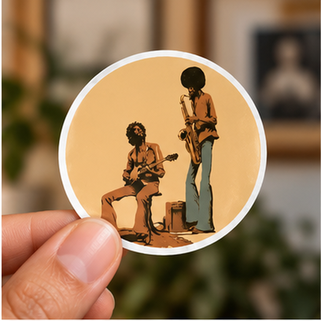 Retro Jazz Musicians Round Sticker, Vintage Guitar & Saxophone Decal, 70s Music Sticker, Jazz Lover Gift, Musician Vinyl Decal