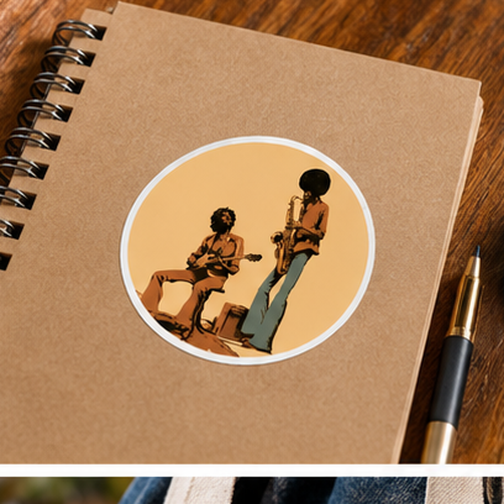 Retro Jazz Musicians Round Sticker, Vintage Guitar & Saxophone Decal, 70s Music Sticker, Jazz Lover Gift, Musician Vinyl Decal