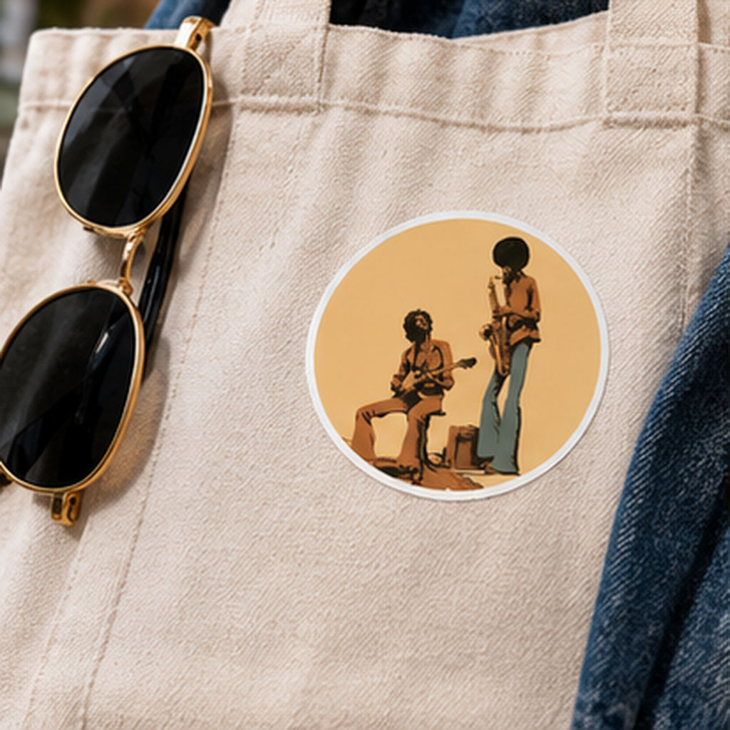 Retro Jazz Musicians Round Sticker, Vintage Guitar & Saxophone Decal, 70s Music Sticker, Jazz Lover Gift, Musician Vinyl Decal