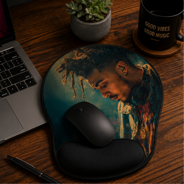 DJ Portrait Ergonomic Mouse Pad With Memory Foam Wrist Rest And Removable Neoprene Insert Moody Music Vibes