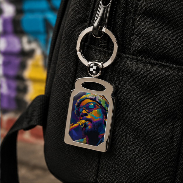 Rectangle Photo Keyring Colorful Saxophone Musician Photo Keychain With Glossy Color Print And Durable Zinc Alloy Frame